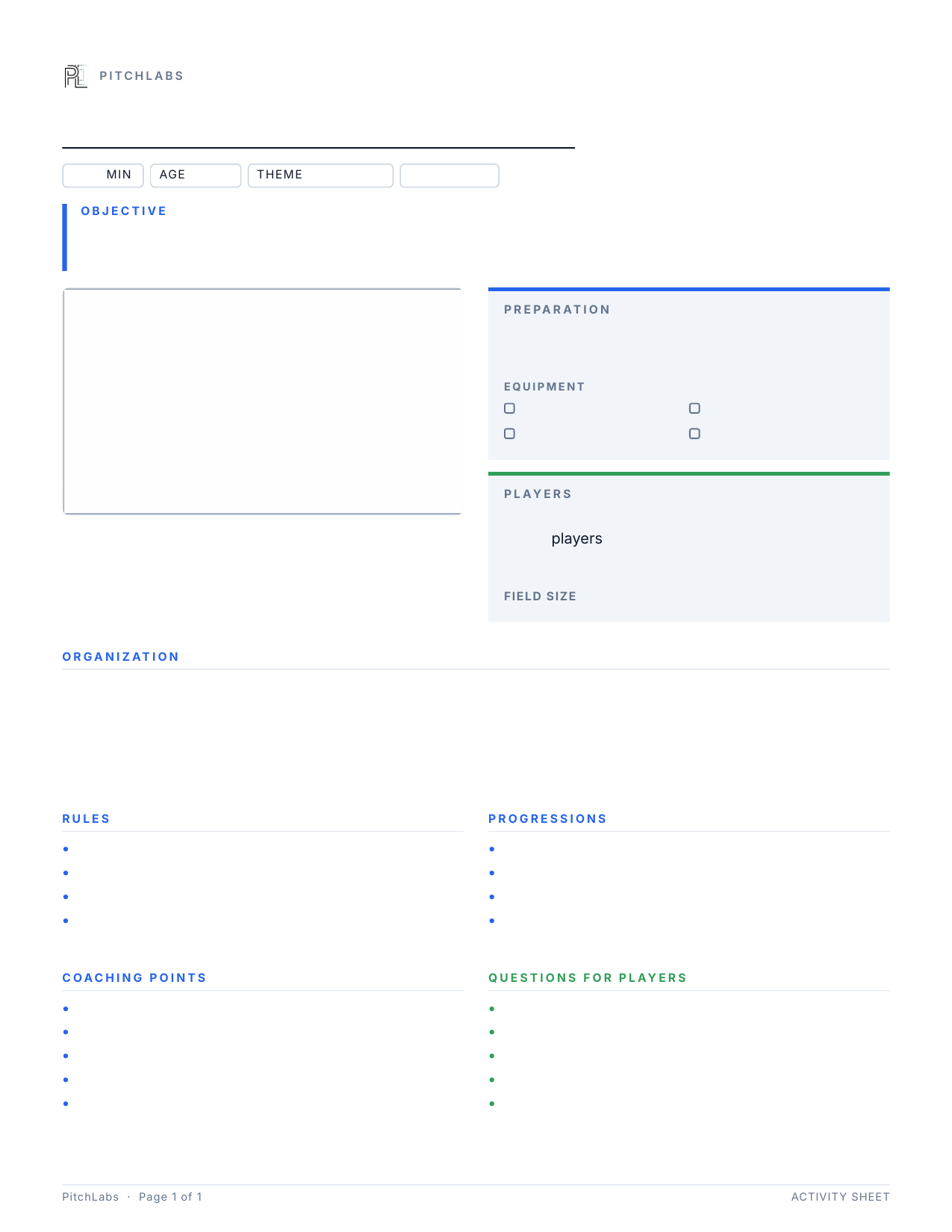 A blank one-page PitchLabs activity sheet with a drawing box, objective, preparation, players, organization, rules, progressions, coaching points and questions for players.